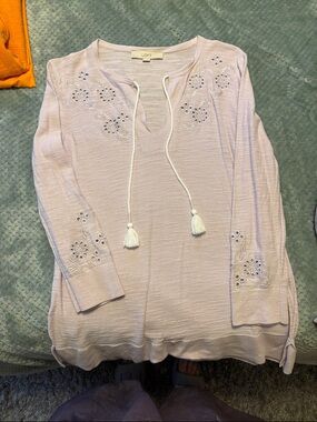 LOFT Light Lavender Eyelet Tassel Pullover